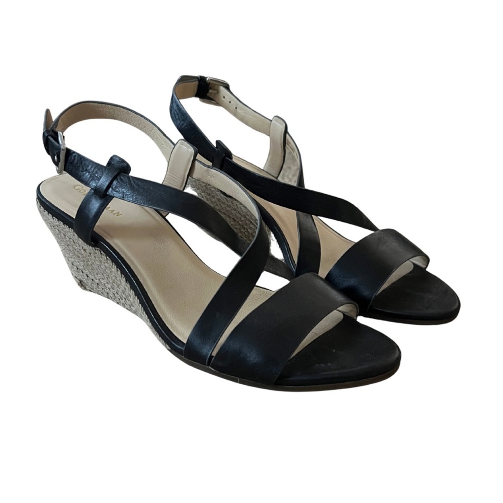 Cole Haan Black Wedge Sandals with woven detail and strappy style